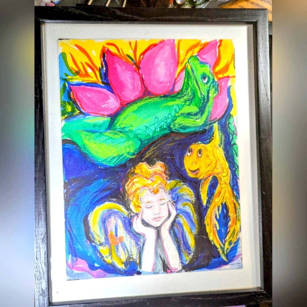 Wendy Gell Art Whimsical Frog With Angel And Fish In Lotus Flower.